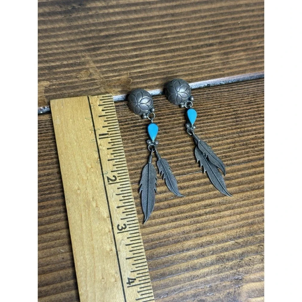 Vintage‎ Navajo Turquoise Sterling Silver 925 Feather Dangle Earrings- Unsigned